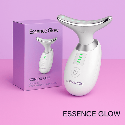 Masseur facial Essence Glow device with packaging on a pink background for facial rejuvenation.