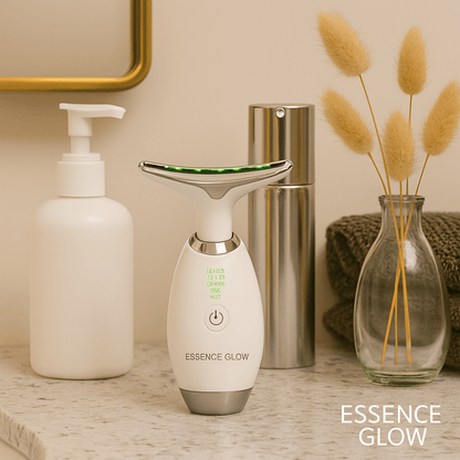Masseur facial Essence Glow device on a stylish bathroom counter with skincare products.