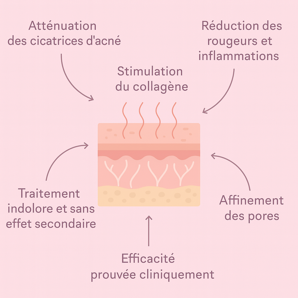 Masseur facial Essence Glow image illustrating benefits like collagen stimulation and acne scar reduction.